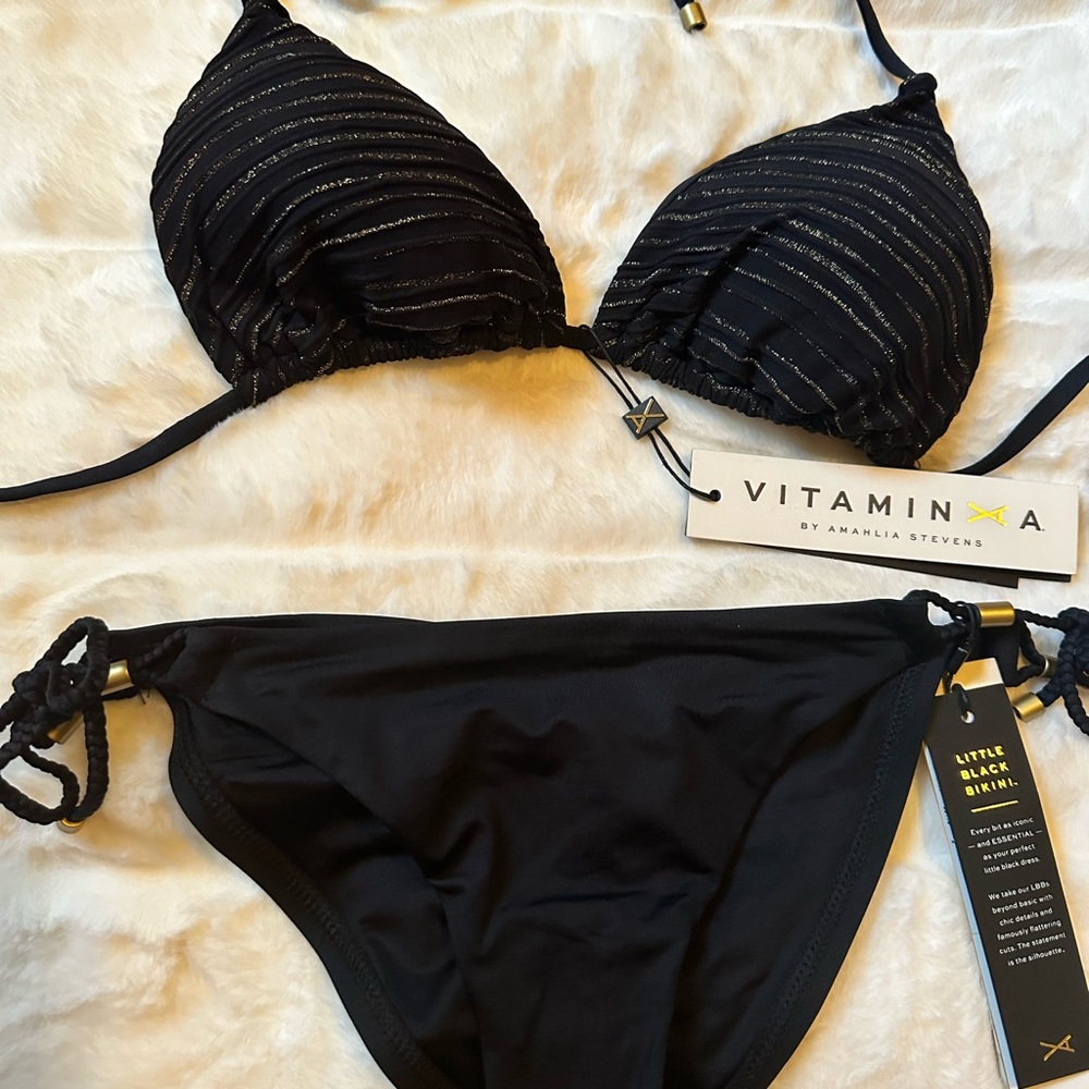 Vitamin A gold and black triangle top, & tie side bottoms top size 10 bottom 8